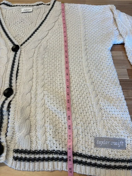 Taylor Swift Folklore Cream Cable Knit Cardigan with Black Trim and Star Elbows - Picture 15 of 16